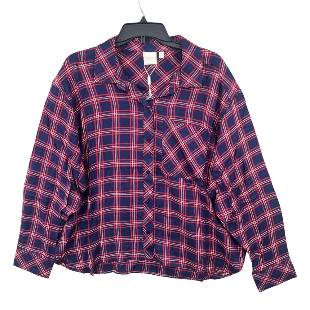 Zac & Rachel Plaid Button Down Shirt Size 2X Navy Red Rayon Lightweight NWT - Picture 2 of 10
